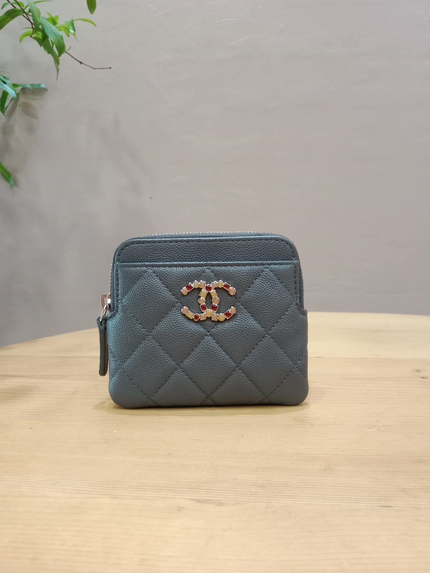 Chanel Quilted Caviar Crystal CC Zipped Coin Purse Dark Grey Diamond Quilted Multicolored Crystal Embellished CC Logo Microchipped