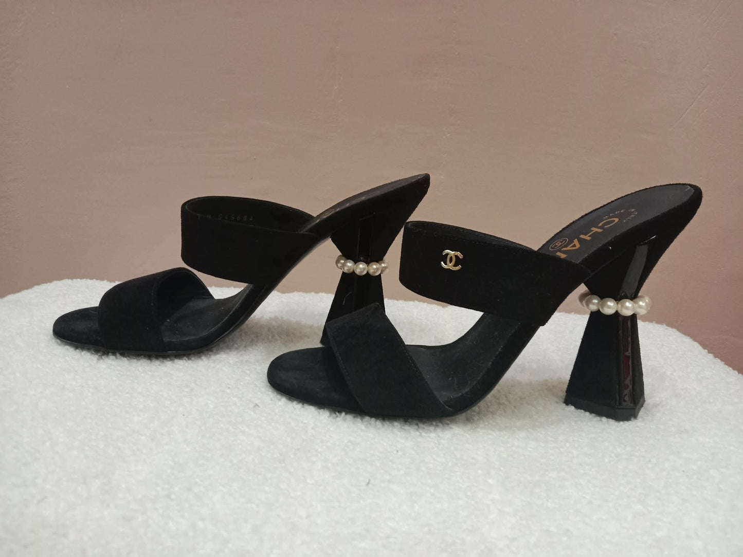 Chanel Pearl Heel Mules Black Suede with Pearl Embedded Heels Size 36