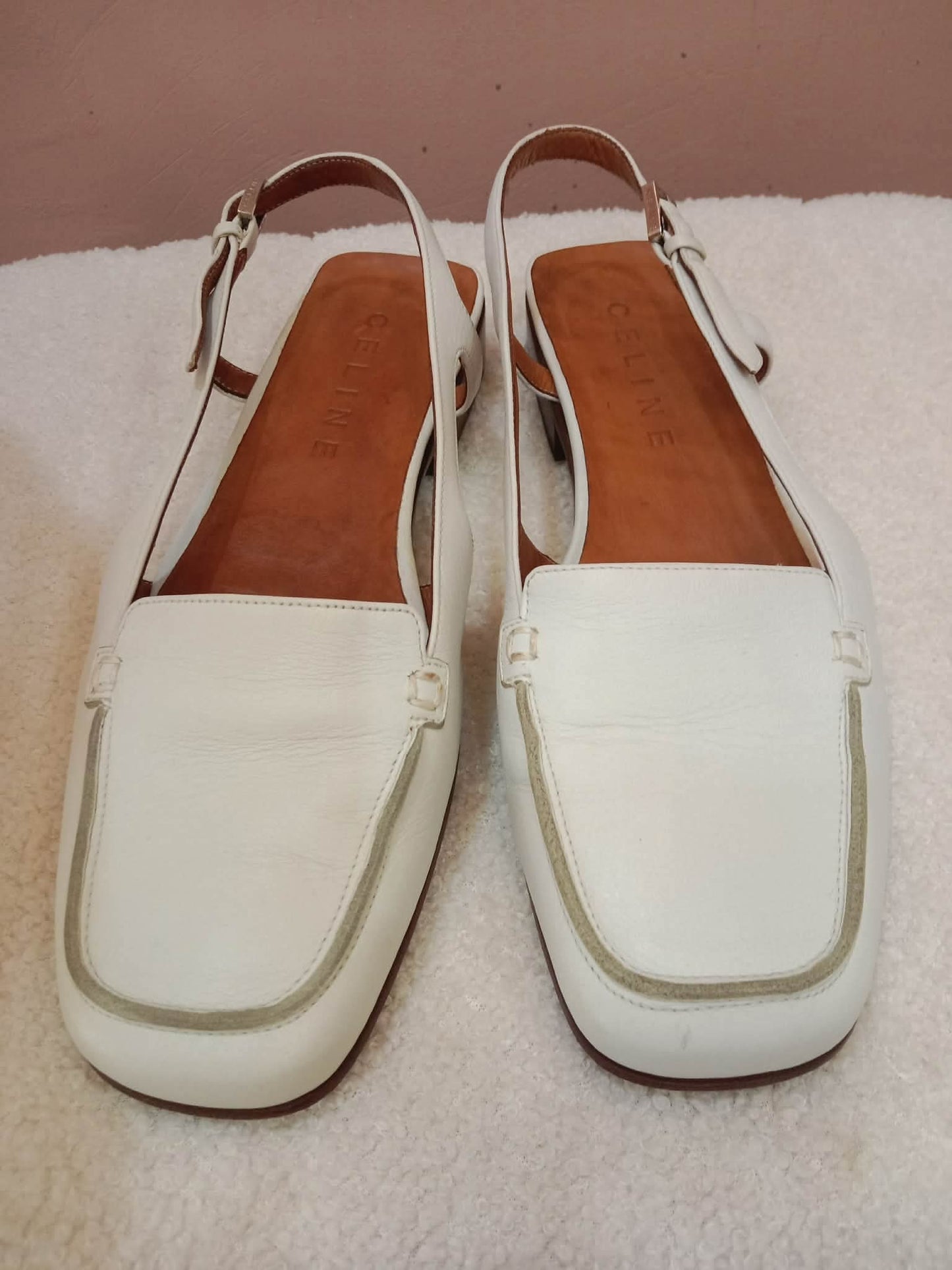 Celine Leather Slingback Loafers Classic Square-Toe Design White Size 37.5