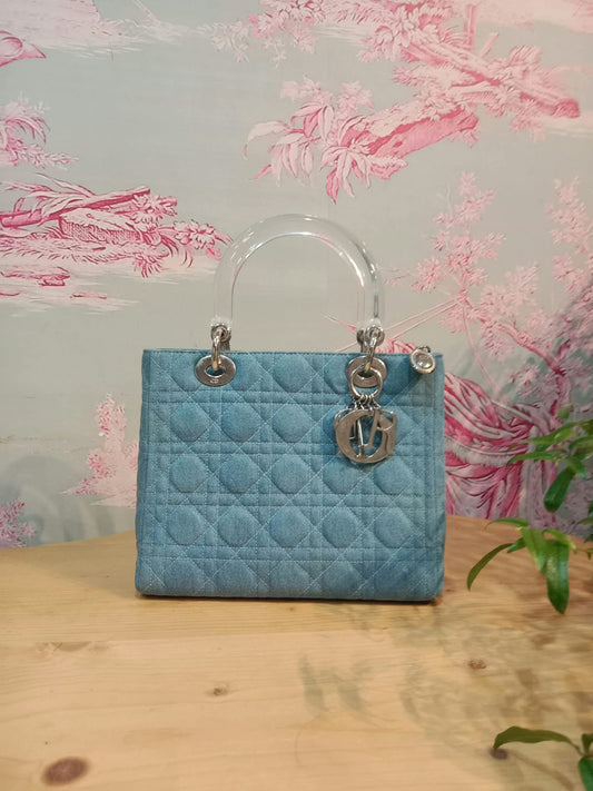 Christian Dior Denim Cannage Lady Dior Satchel Blue with Clear Acrylic Handles