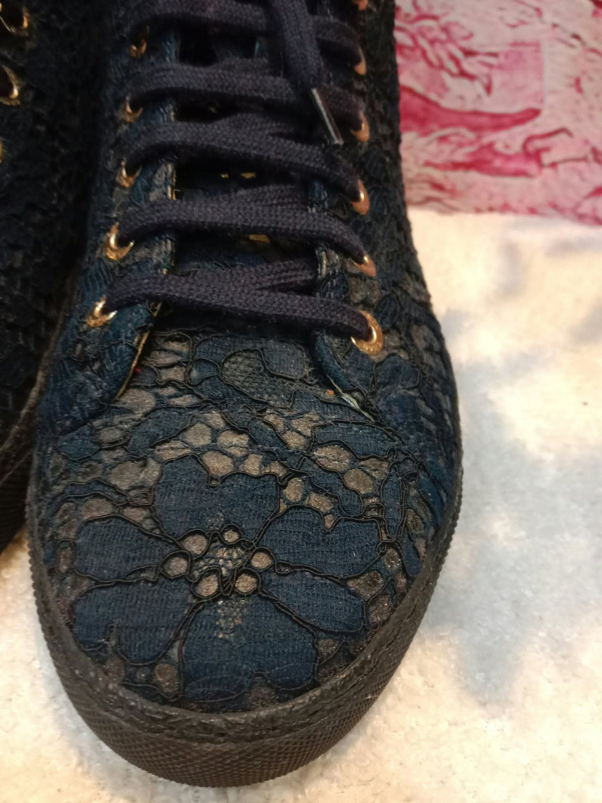 Chanel Navy Blue Floral Lace-Embossed Fabric Hih Top Sneakers Size 37 1/2