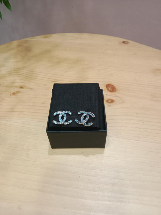 Chanel CC Silver Blue Princess Crystal Stud Earrings