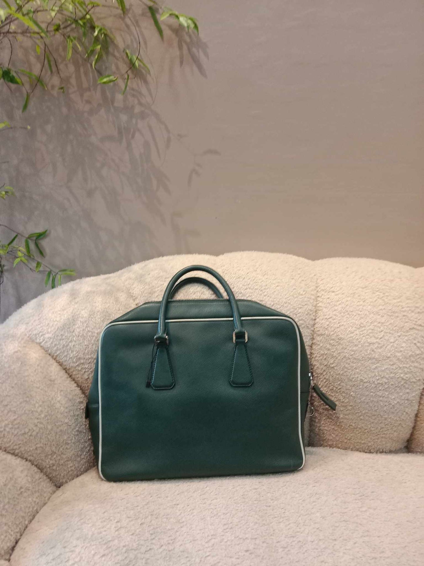 Prada Dark Green Leather Classic Laptop Bag