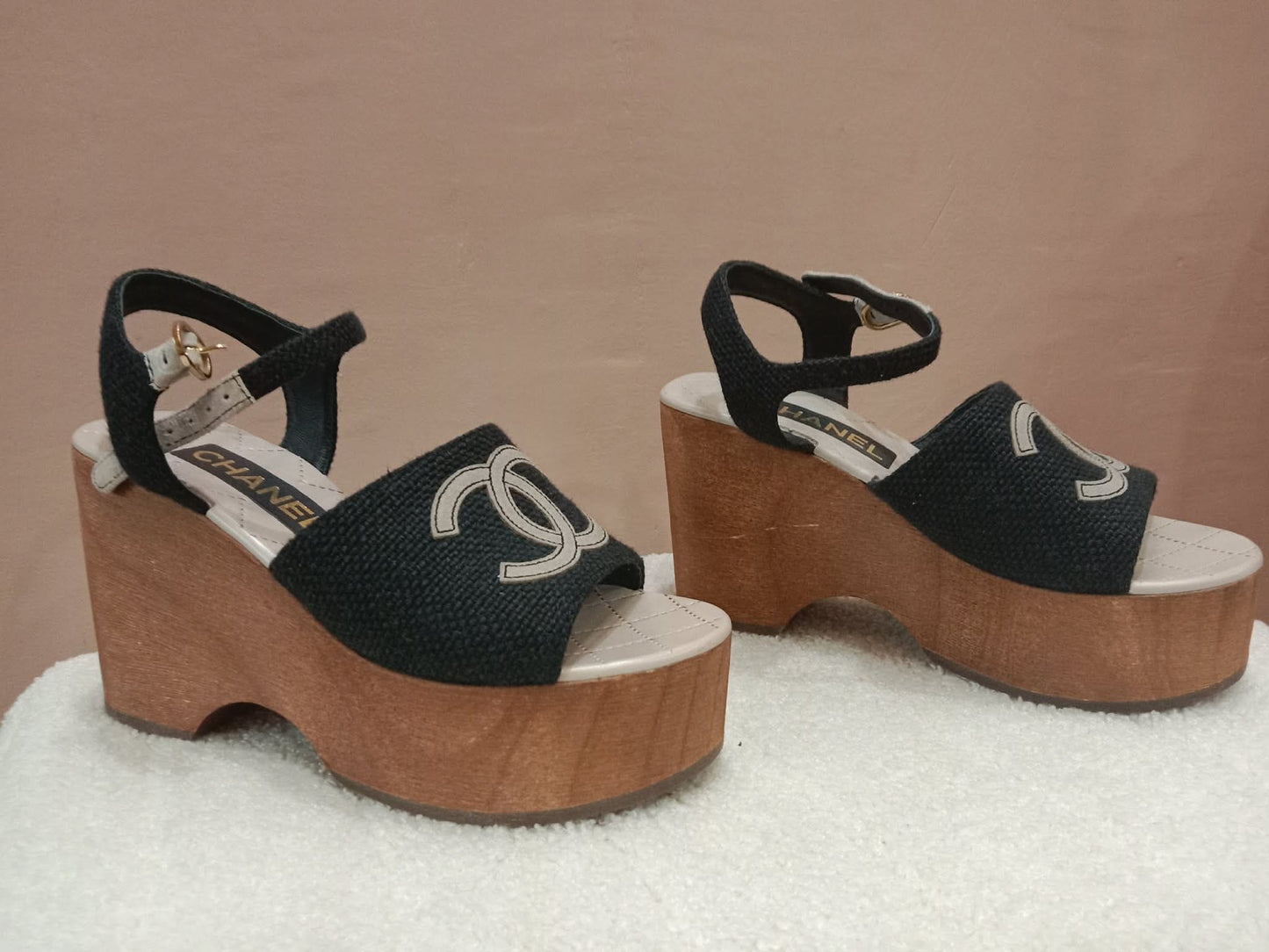 Chanel Wedge Sandals Black Canvas Embroidered Interlocking CC Logo Size 36