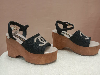 Chanel Wedge Sandals Black Canvas Embroidered Interlocking CC Logo Size 36