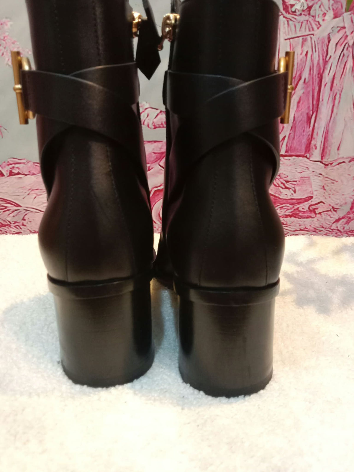 Hermes Jill 60 Ankle Boots Black Calfskin Aged Golden "Glenan" Nautical-Style Buckle Size 38.5