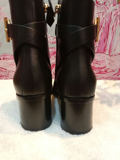 Hermes Jill 60 Ankle Boots Black Calfskin Aged Golden "Glenan" Nautical-Style Buckle Size 38.5