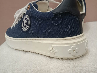 Louis Vuitton Time Out Sneakers Dark Blue Denim Monogram Embossed Pattern Size 37.5