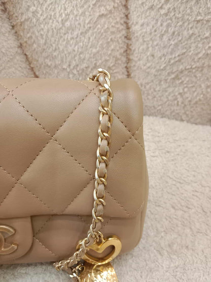 Chanel Seasonal Flap Heart Charms Beige Microchipped