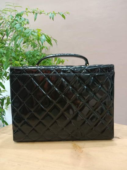 Chanel Vintage Briefcase Quilted Patent Black