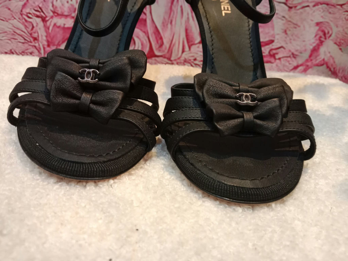 Chanel Ankle-Strap Tiered Bow CC Logo Sandals Black Size 37 1/2
