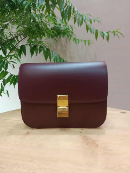 Celine Medium Classic Box Bag In Burgundy Calfskin Leather