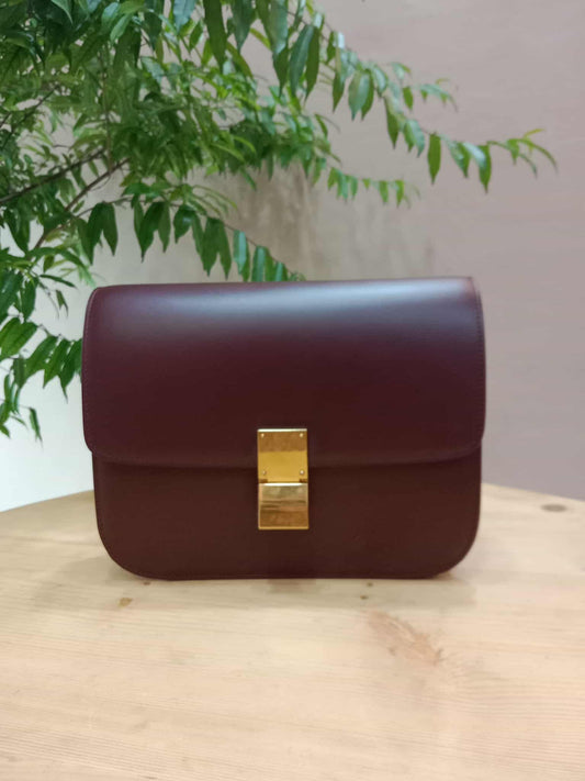 Celine Medium Classic Box Bag In Burgundy Calfskin Leather