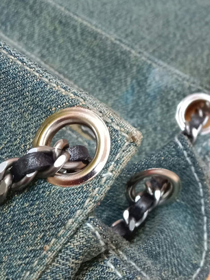 Chanel Vintage Denim and Leather Chocolate Bar Blue Green Denim Series 6
