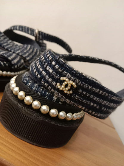 Chanel Navy Tweed Faux Pearl Trimmed Sandals Size 37