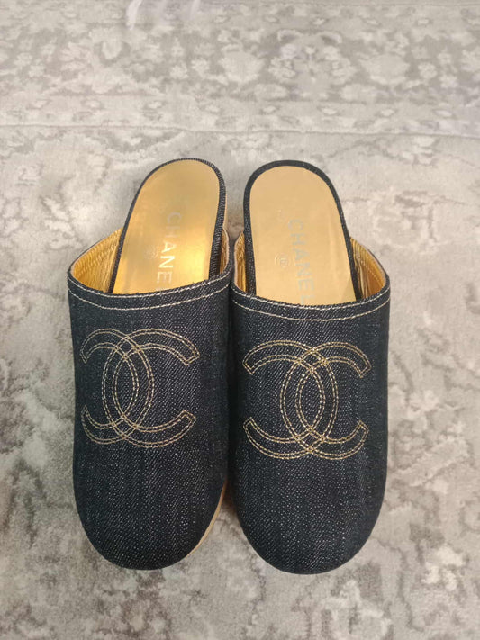 Chanel Sabot Coco Mark Denim Vintage Sandals Size 36