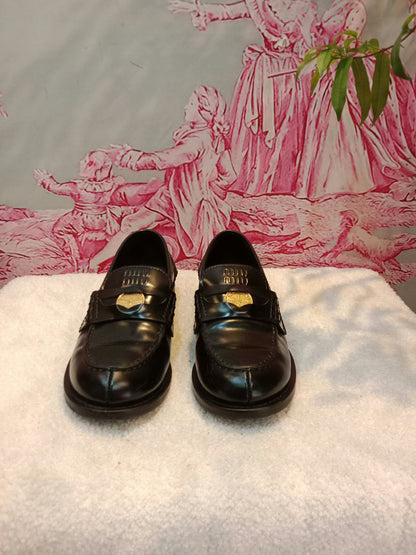 Miu Miu Brushed Penny Loafers Leather Black Size 35