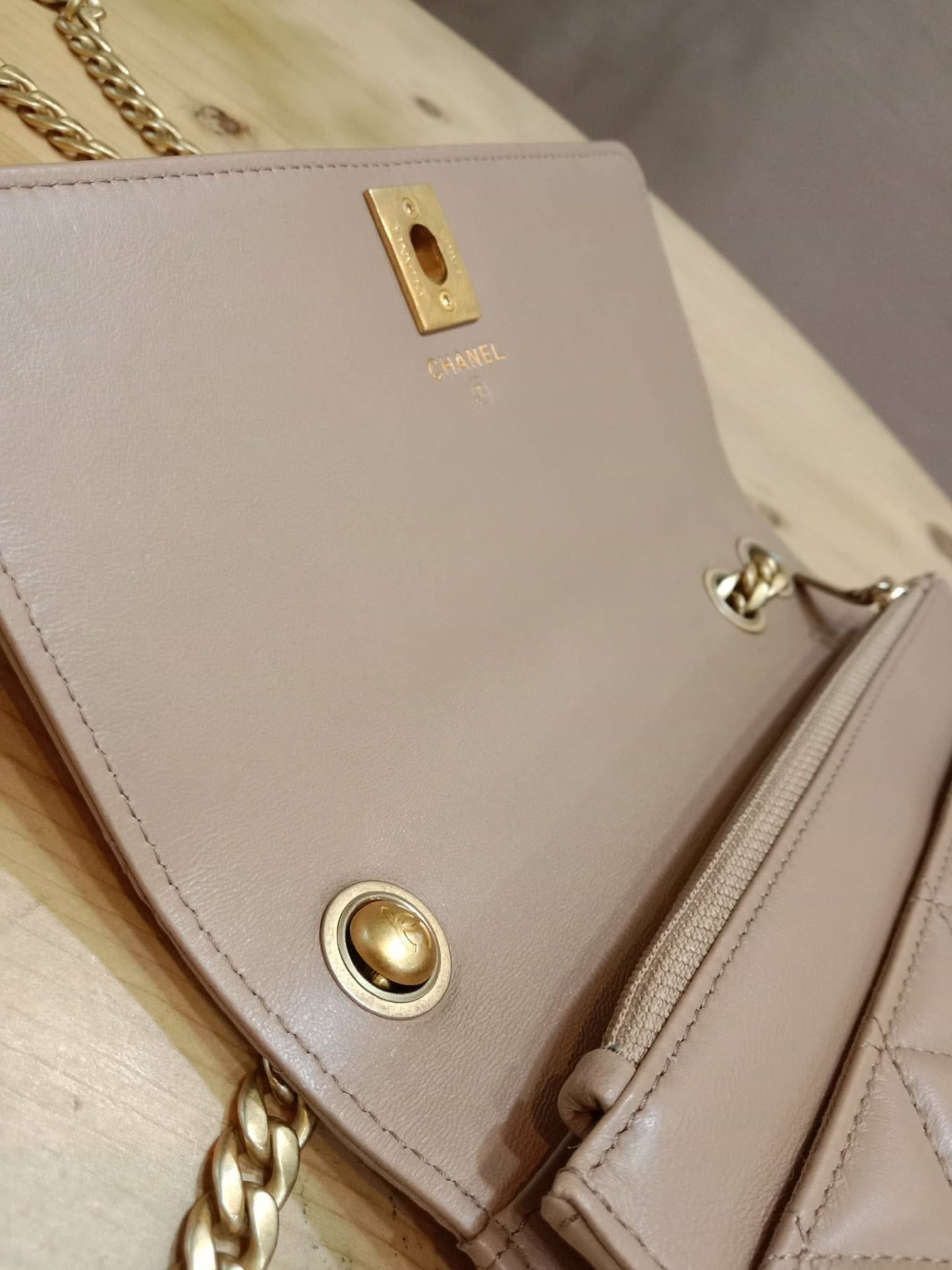 Chanel Quilted Wallet On Chain Lambskin Beige Microchipped