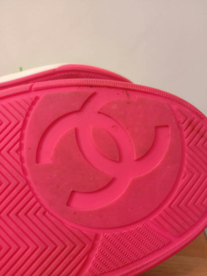 Chanel White Leather CC Lace-Up Sneakers Neon Multicolor Size 37