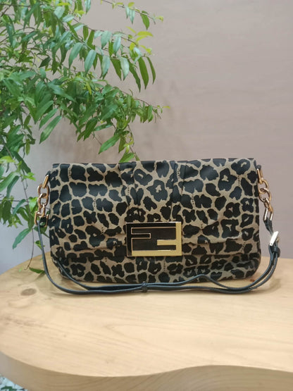Fendi Mia Flap Bag Leopard Print Shoulder Bag