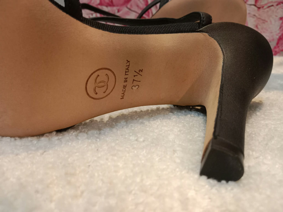 Chanel Ankle-Strap Tiered Bow CC Logo Sandals Black Size 37 1/2