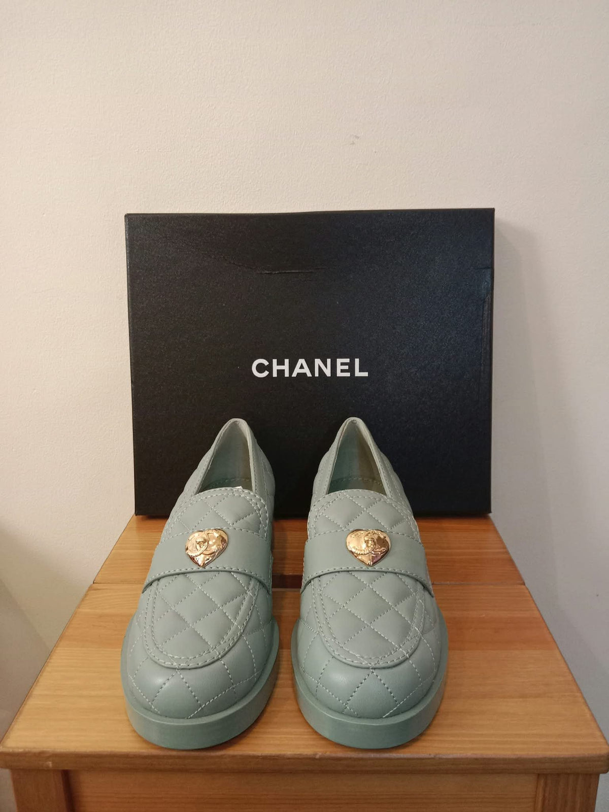 Chanel Quilted Chunky-Heeled Loafers Lambskin Light Teal Size 36.5