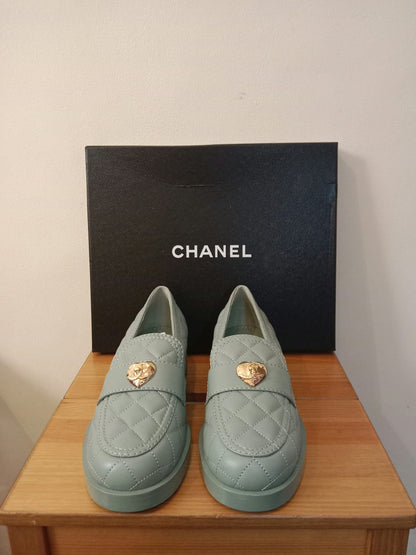 Chanel Quilted Chunky-Heeled Loafers Lambskin Light Teal Size 36.5