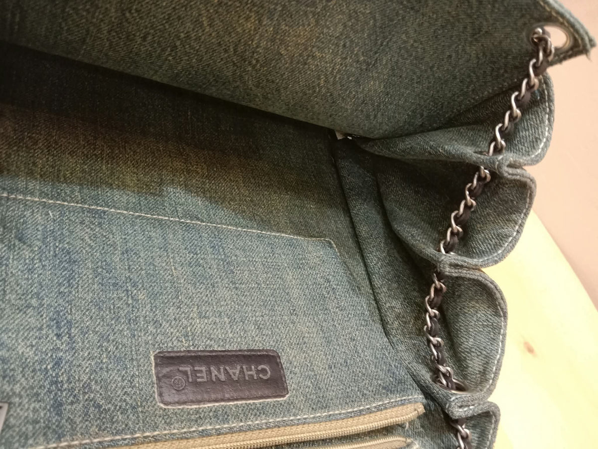 Chanel Vintage Denim and Leather Chocolate Bar Blue Green Denim Series 6
