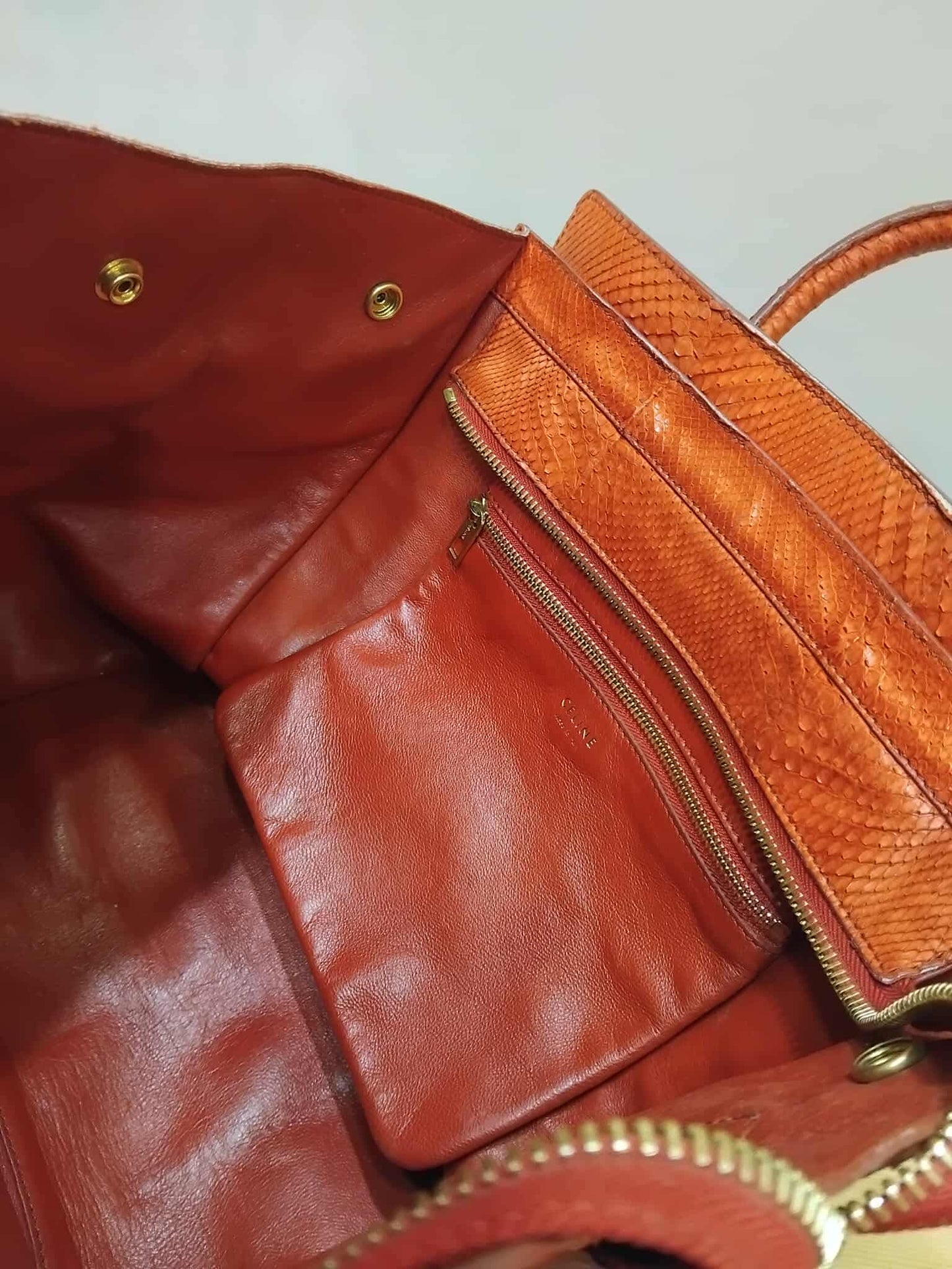 Celine Python Snakeskin Luggage Envelope Tote Bag Orange