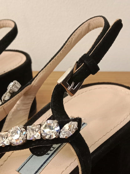 Prada Black Satin Crystal-Embellished Sandals Size 37