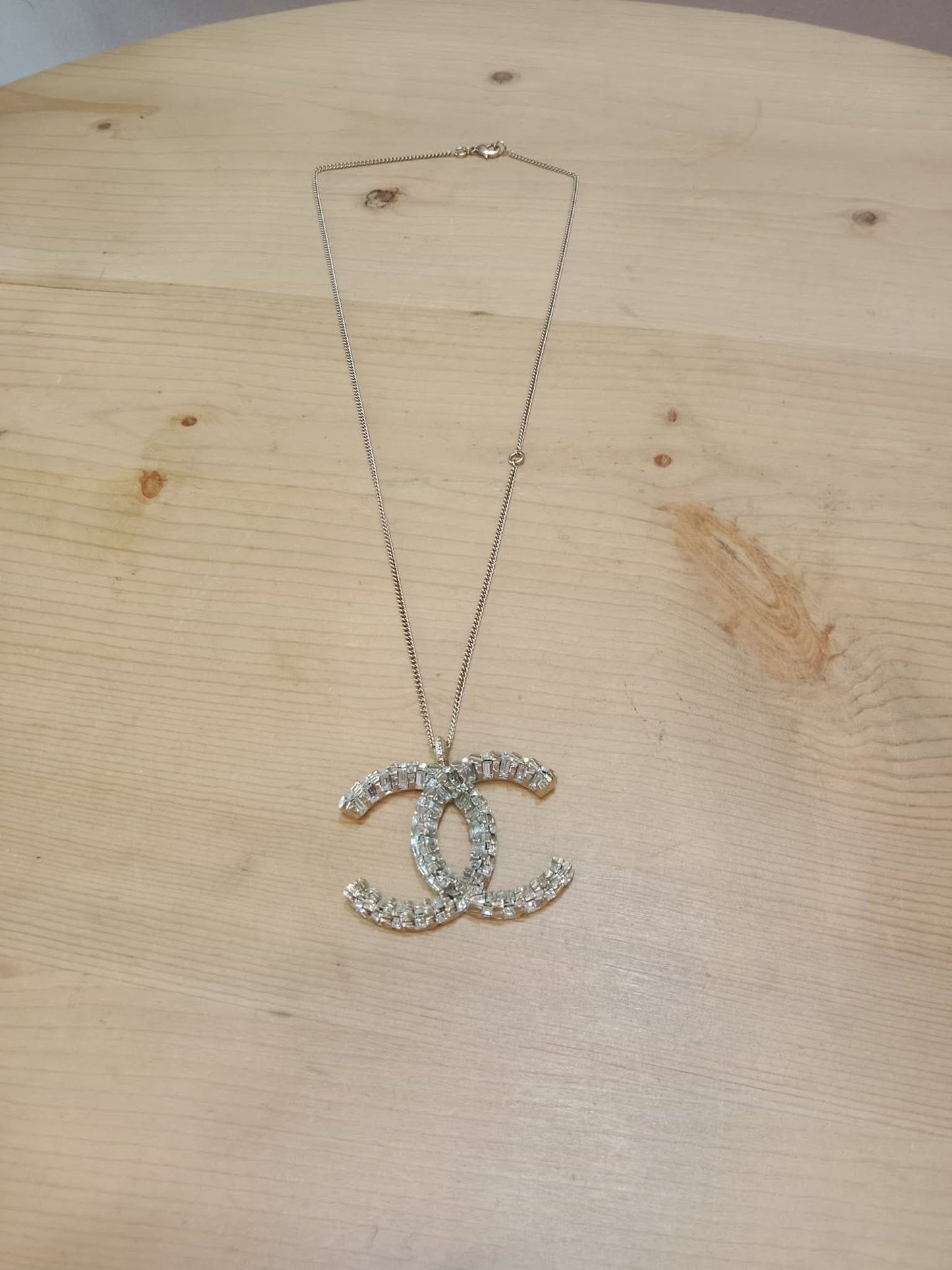 Chanel Crystal CC Pendant Crystal Necklace Silver