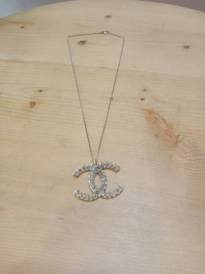 Chanel Crystal CC Pendant Crystal Necklace Silver