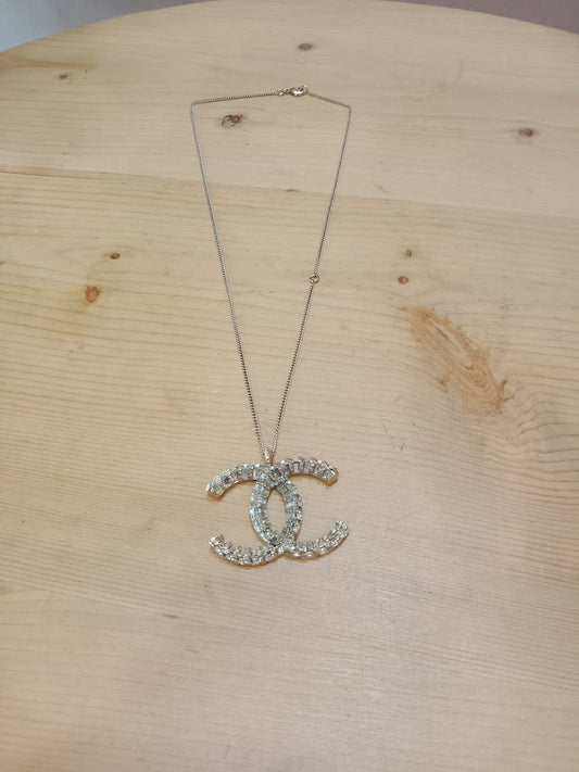 Chanel Crystal CC Pendant Crystal Necklace Silver