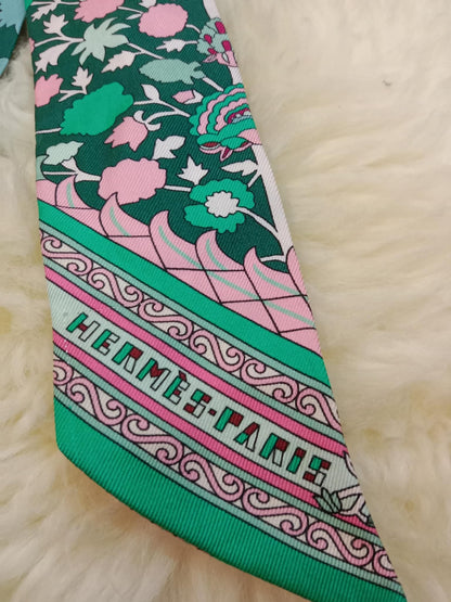 Hermes Tapis Persans Silk Twilly Scarf Featuring an Intricate Floral Pattern in Teal Green/Blue/Pink