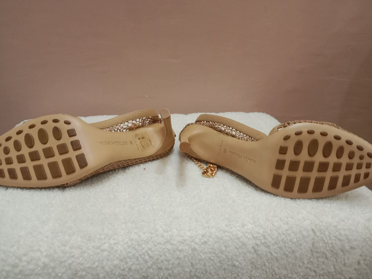 Bottega Veneta Mesh Nappa Chunky Chain Sandals Beige Size 36