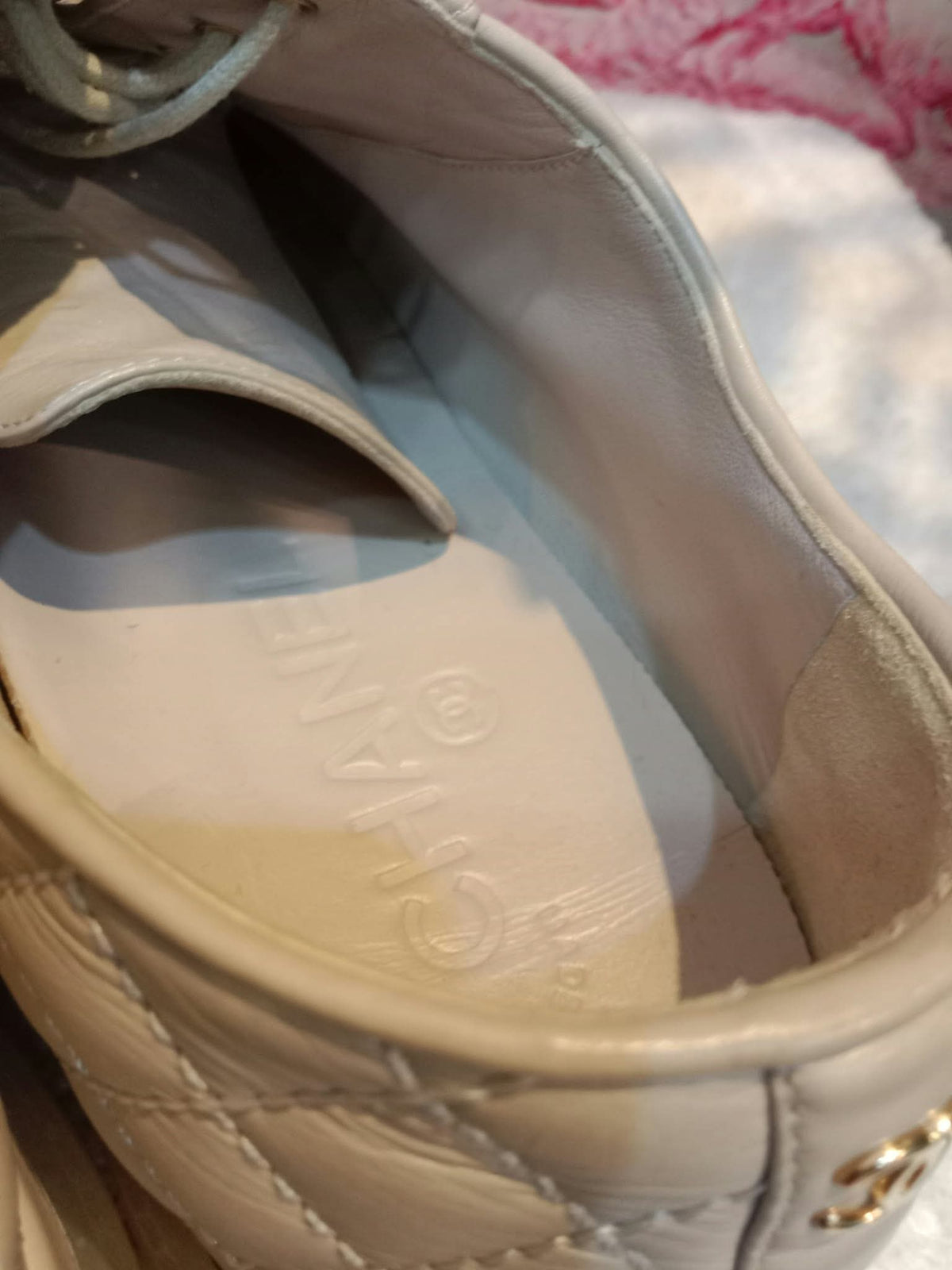 Chanel Interlocking CC Logo Metallic Gold/Beige Lace-up Sneakers with Black Cap Toe Size 35