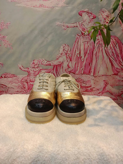 Chanel Interlocking CC Logo Metallic Gold/Beige Lace-up Sneakers with Black Cap Toe Size 35