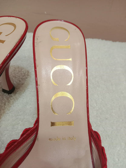 Gucci Kertu Mule Heels Red Patent Leather Trim and Bow Detail Size 36