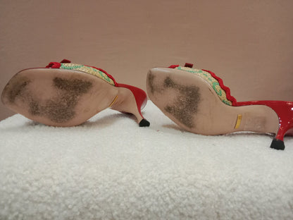Gucci Kertu Mule Heels Red Patent Leather Trim and Bow Detail Size 36