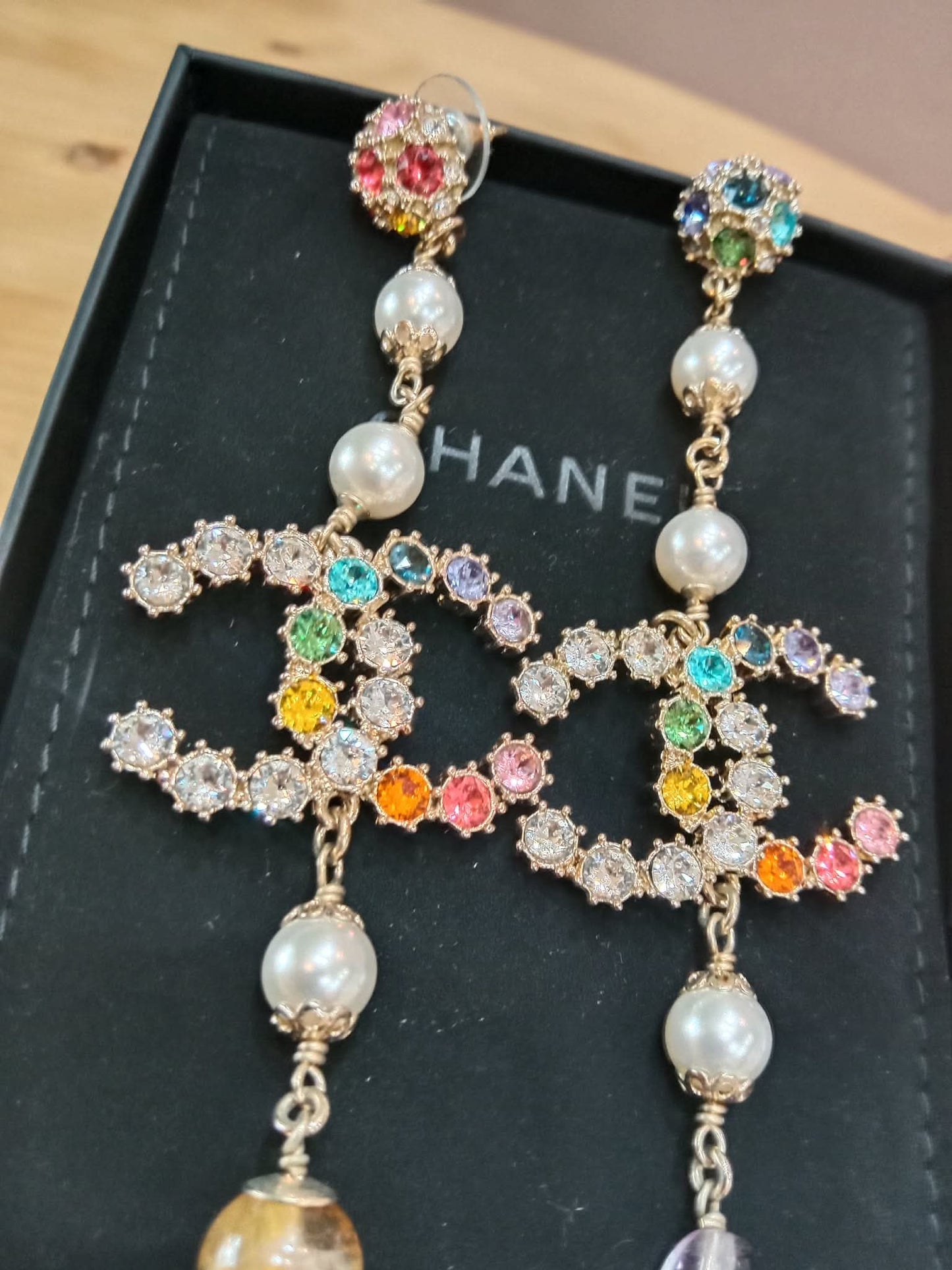 Chanel Rainbow Crystal CC Drop Earrings