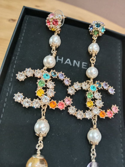 Chanel Rainbow Crystal CC Drop Earrings