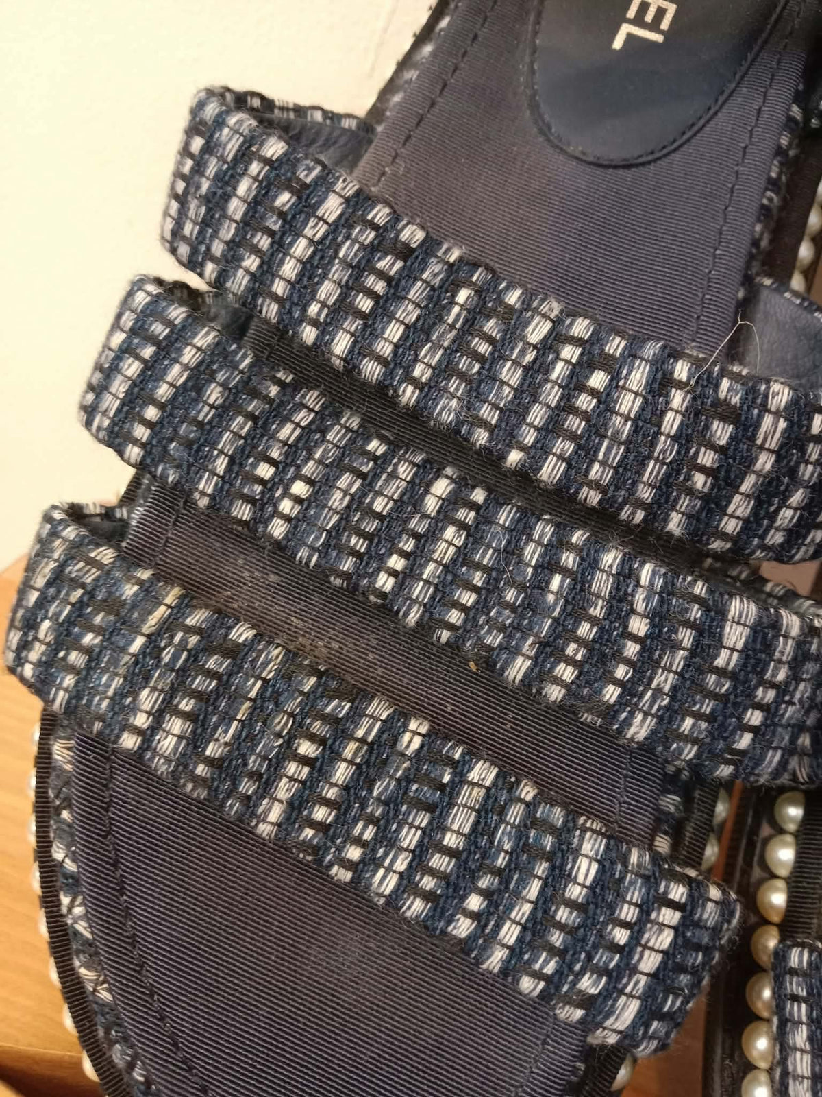 Chanel Navy Tweed Faux Pearl Trimmed Sandals Size 37