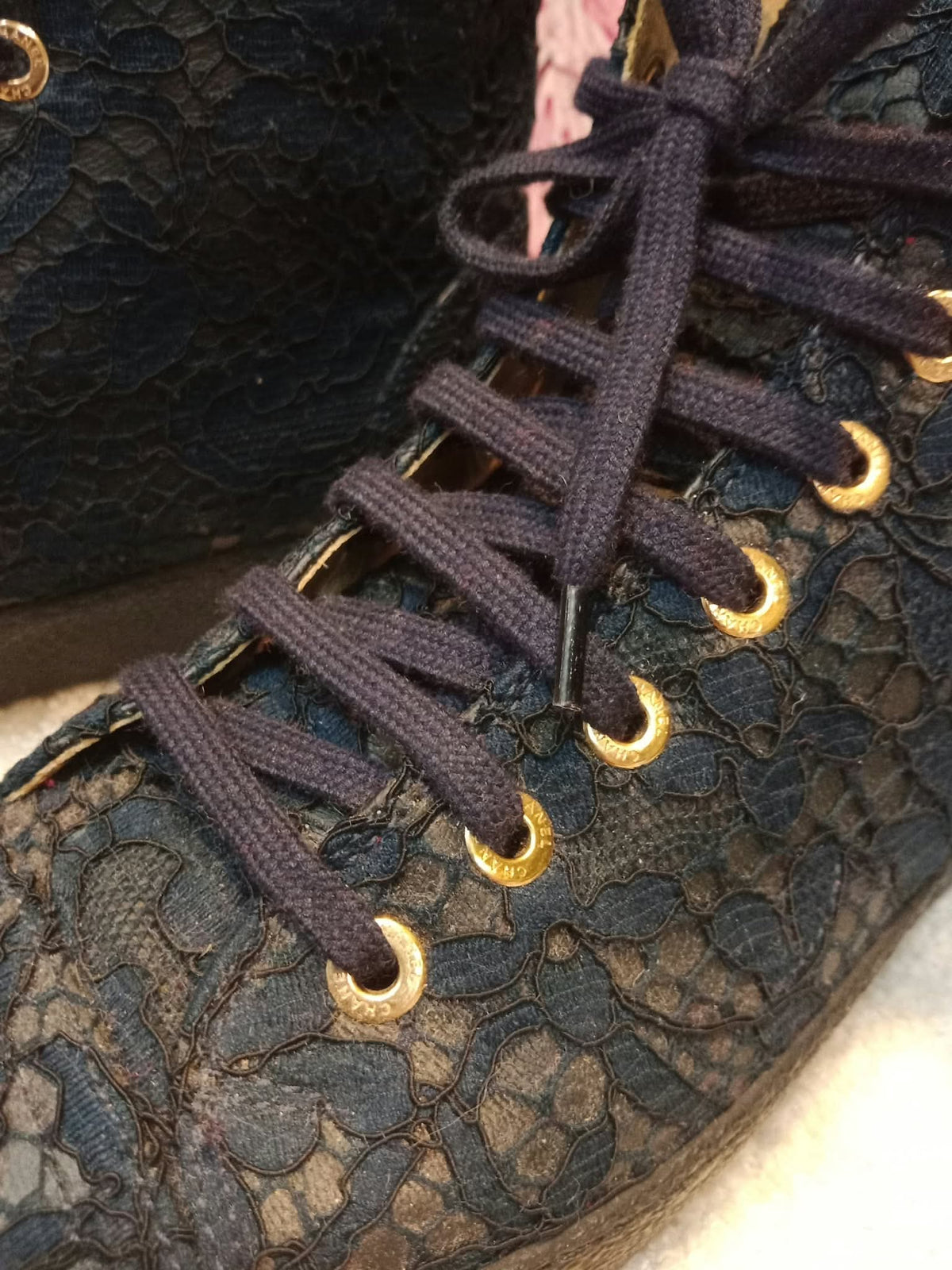 Chanel Navy Blue Floral Lace-Embossed Fabric Hih Top Sneakers Size 37 1/2