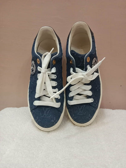 Louis Vuitton Time Out Sneakers Dark Blue Denim Monogram Embossed Pattern Size 37.5
