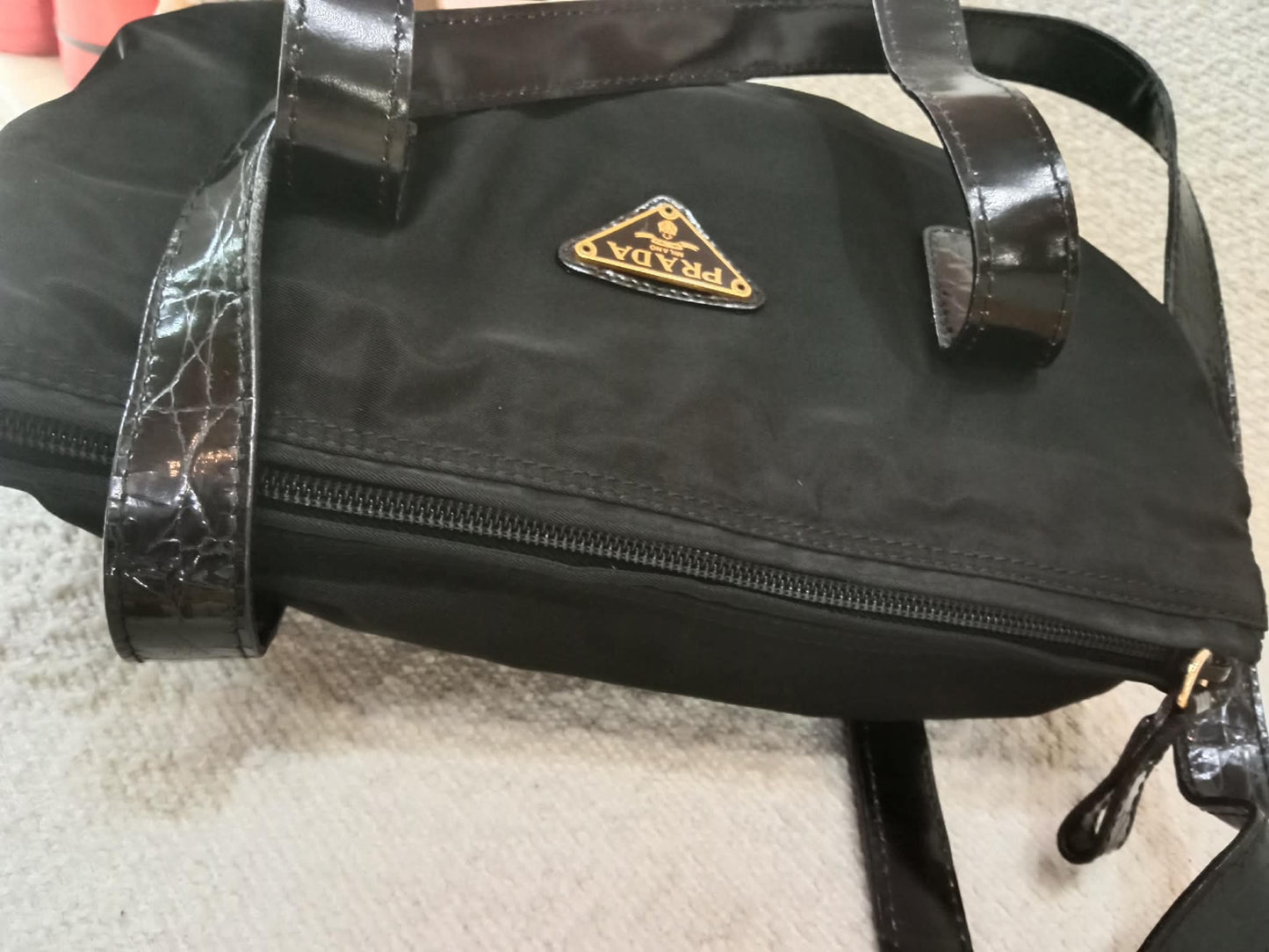 Prada Vintage Tessuto Tote Nylon/Crocodile Embossed Leather Bag
