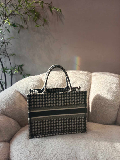 Dior Book Tote Houndstooth Embroidery Black/White Small