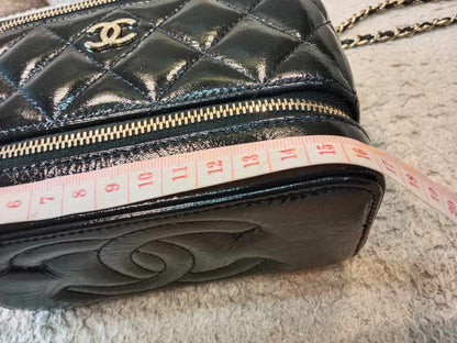 Chanel Small Vanity Glazed Calfskin Chain Shoulder Black Microchipped Fullset