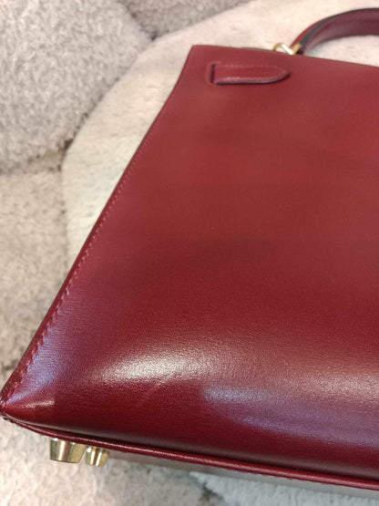 Hermes Kelly 32 Boxcalf Bordeaux Stamp F Square 2002