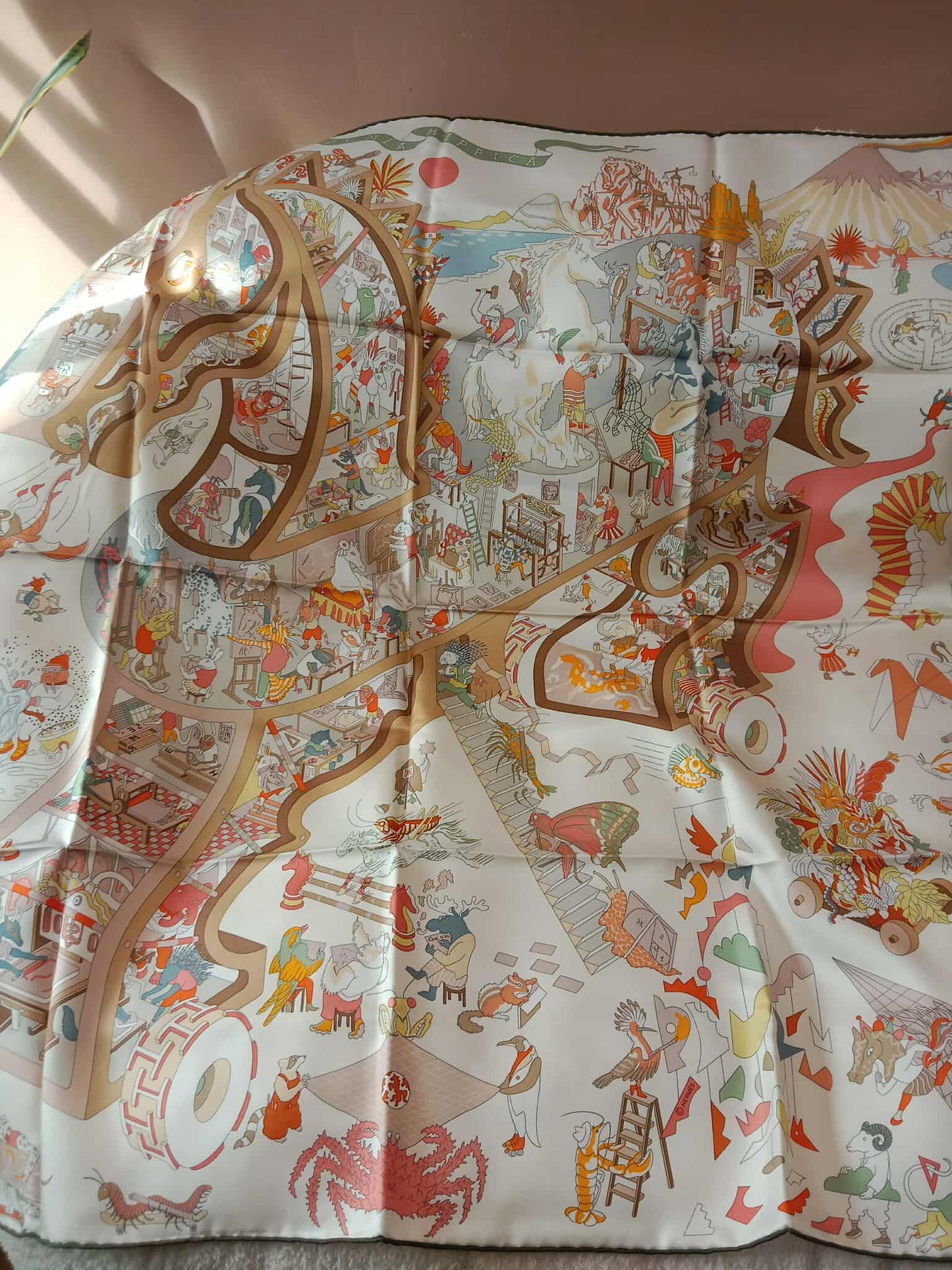 Hermes Academia Hippica 90cm Silk Twill Scarf Blanc/Rose Poudre/Beige by Jan Bajtlik Brandnew