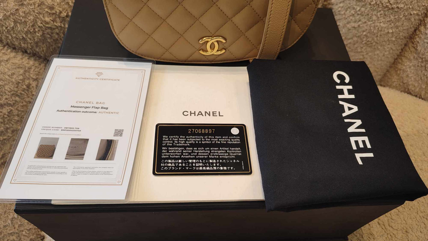 Chanel Messenger Flap Bag Lambskin Beige Series 27 Fullset